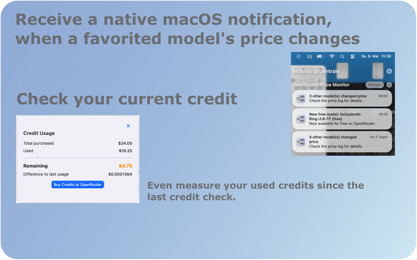 Credits dialog — View purchased and remaining credits