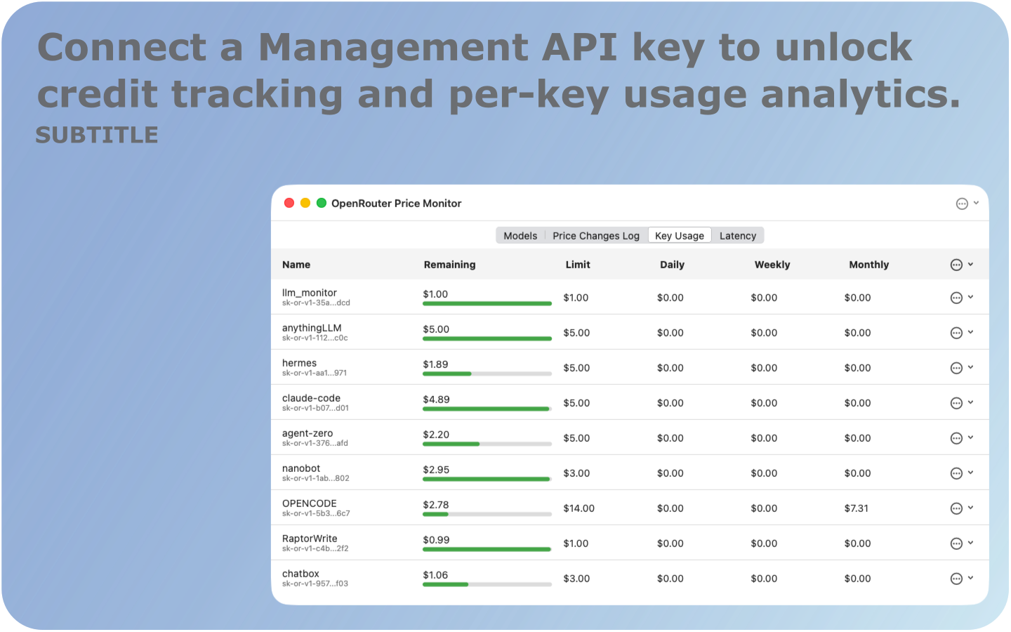 API Key Usage — Credit balances and spending overview