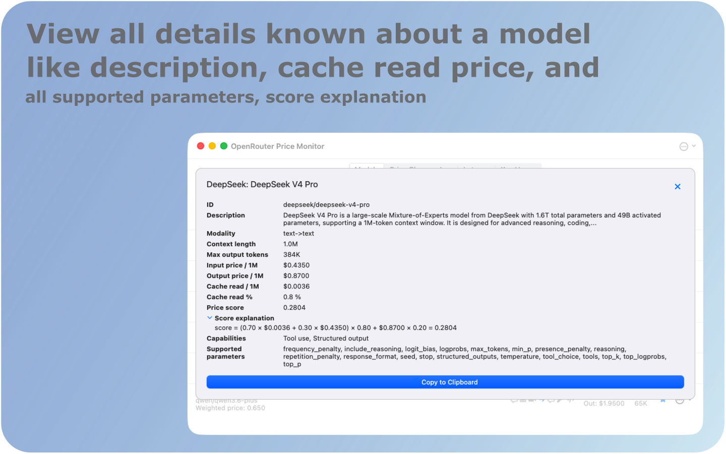 Model detail sheet — Full pricing breakdown and capabilities